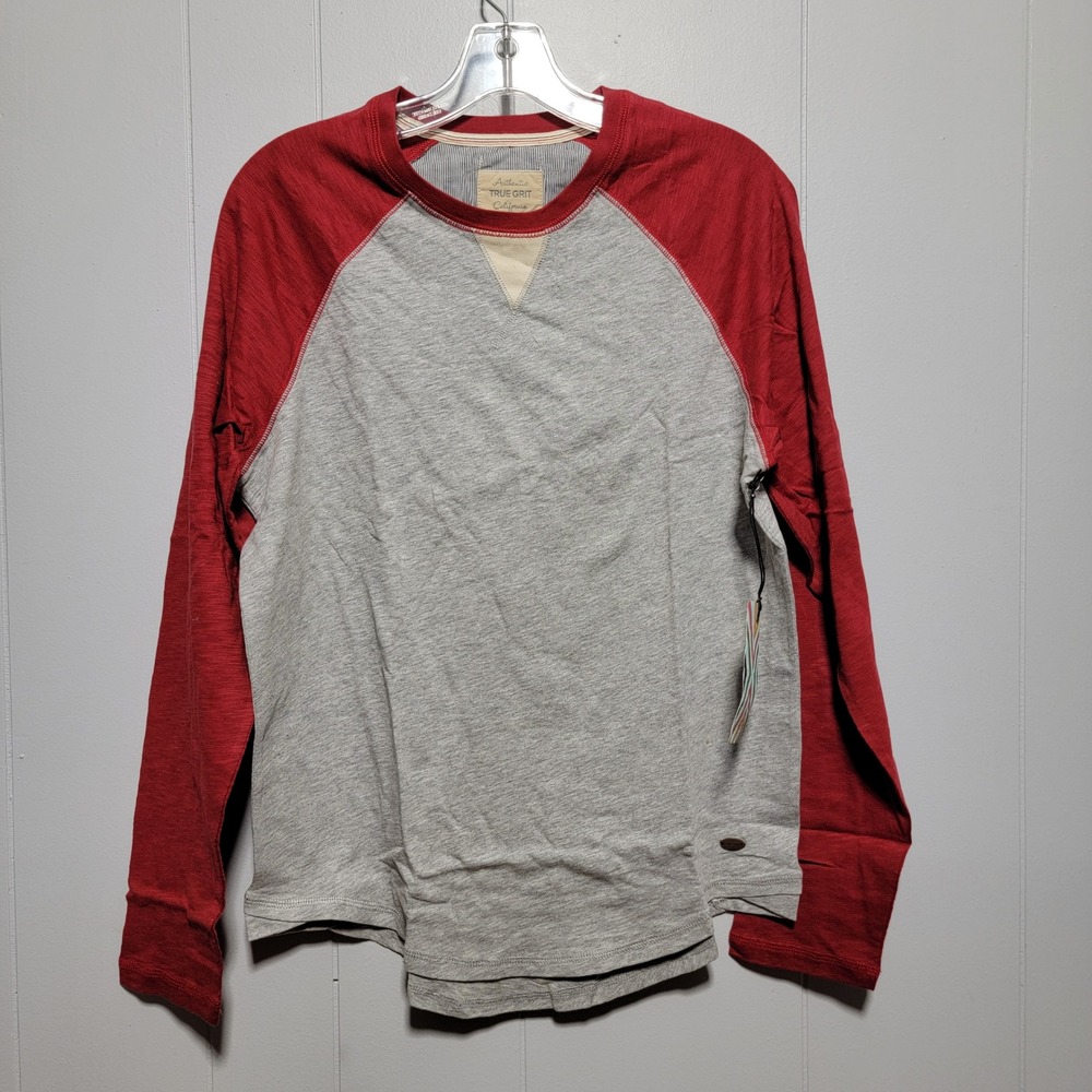 True Grit California Mens Small Grey Red Raglan Long Sleeve Slub Cotton Shirt